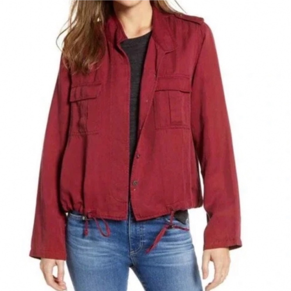 Rails Utility Jacket Women XS Burgundy Plaid Lined Drawstring Hem Utility